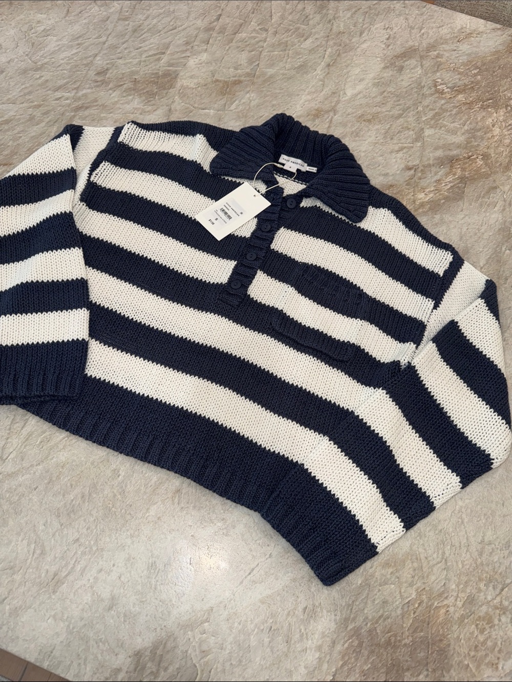Good American Navy & White Striped Knit Polo Sweater